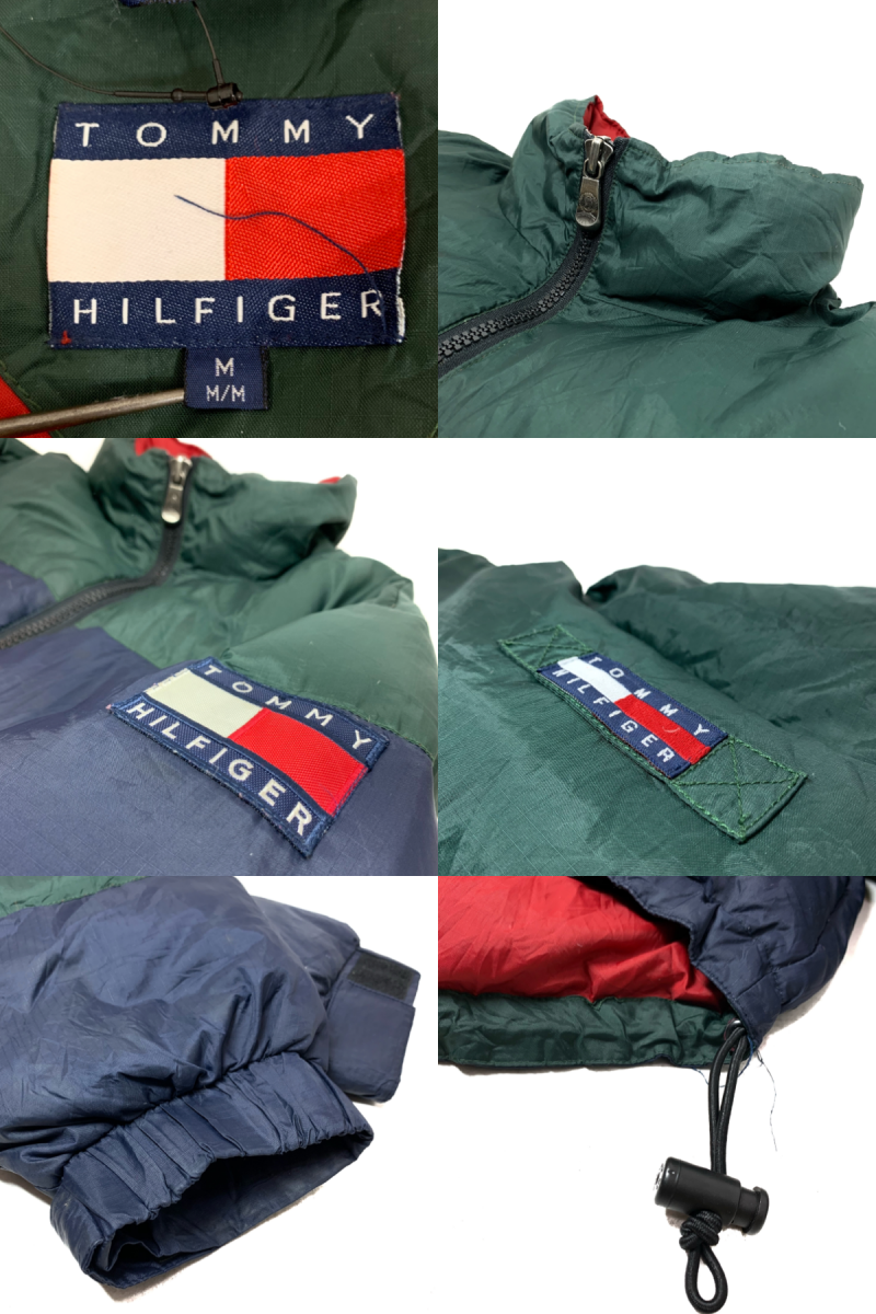90s TOMMY HILFIGER Logo Down Jacket 緑紺赤 XL相当 トミー 