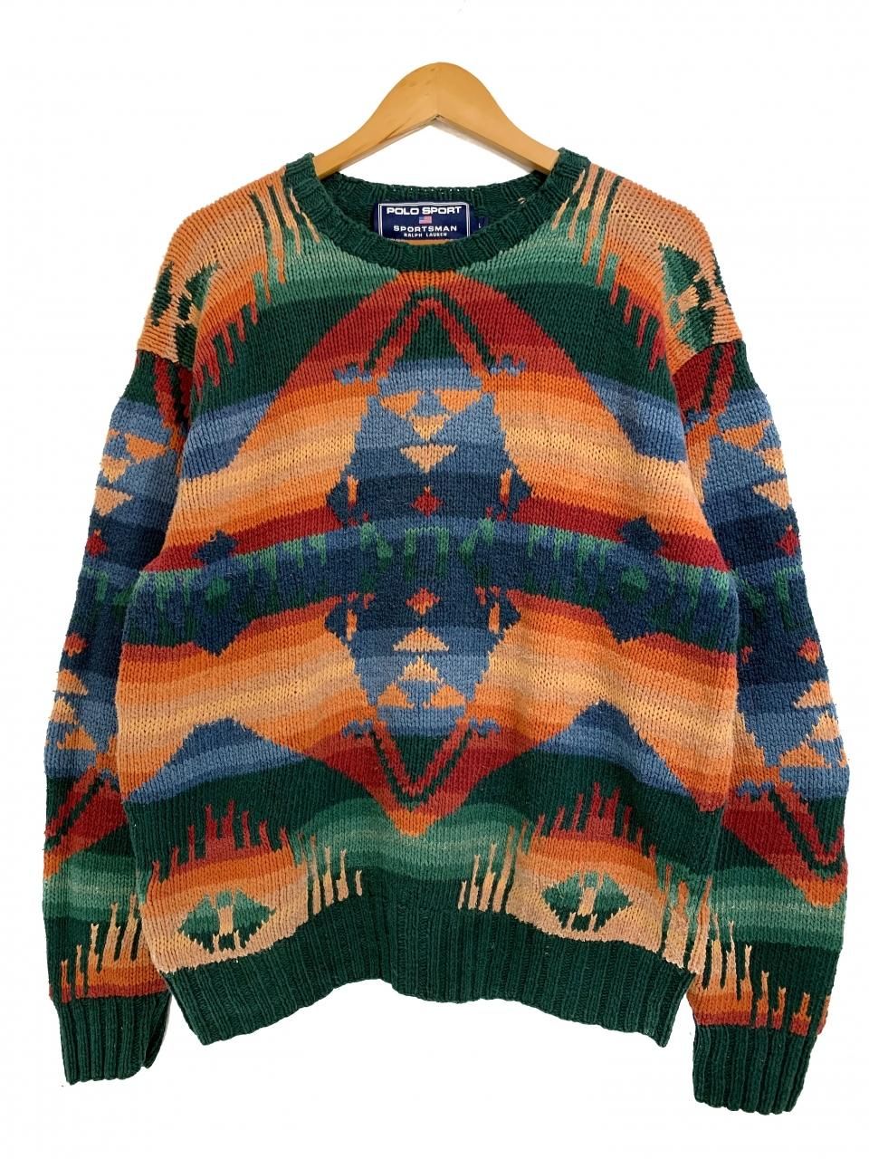 90s POLO SPORT Native Pattern Cotton Knit 緑オレンジ L ポロ 