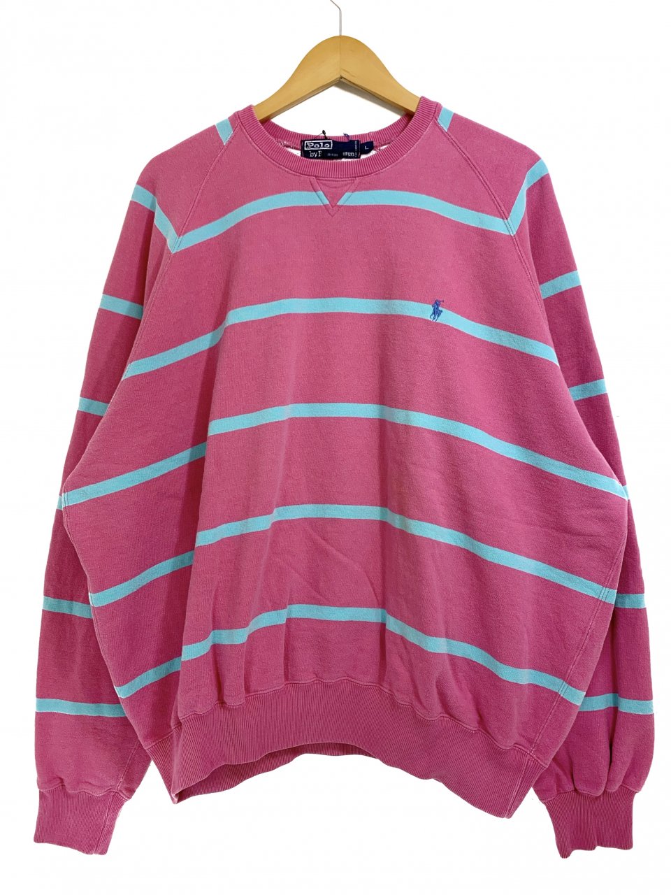 90s Polo Ralph Lauren Border Sweatshirt ピンク水色 L ポロラルフ