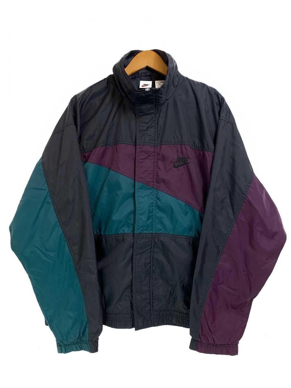 90s NIKE Logo Nylon Jacket 黒緑紫 L ナイキ ナイロンジャケット