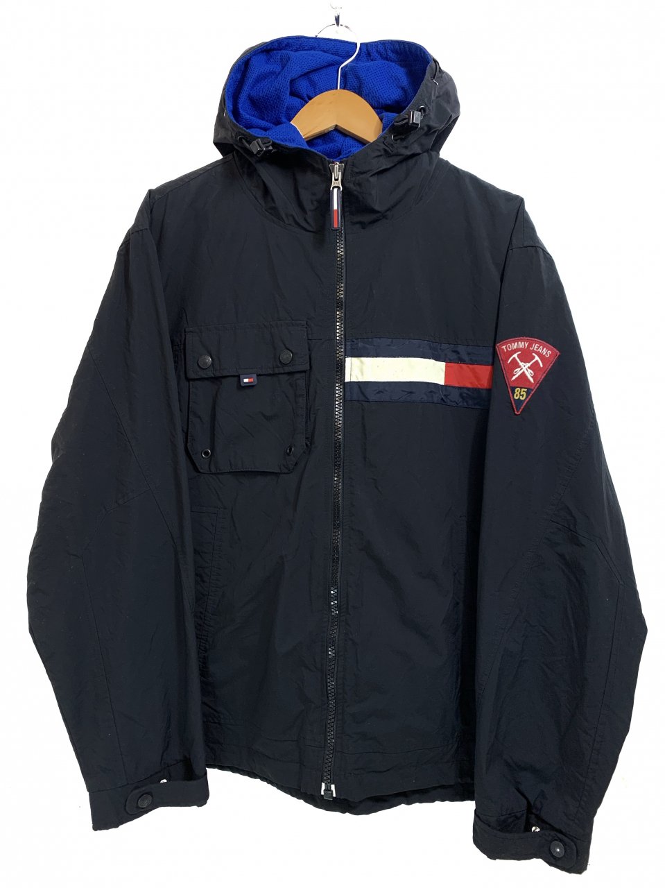 90s TOMMY JEANS Hooded Nylon Jacket 黒 L トミージーンズ ナイロン