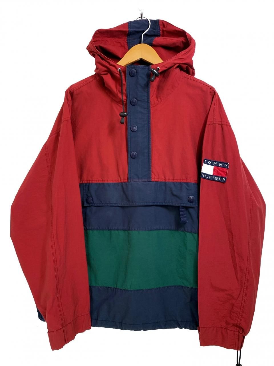 90s TOMMY HILFIGER Cotton-Nylon Anorak Parka 赤紺緑 L トミー ...