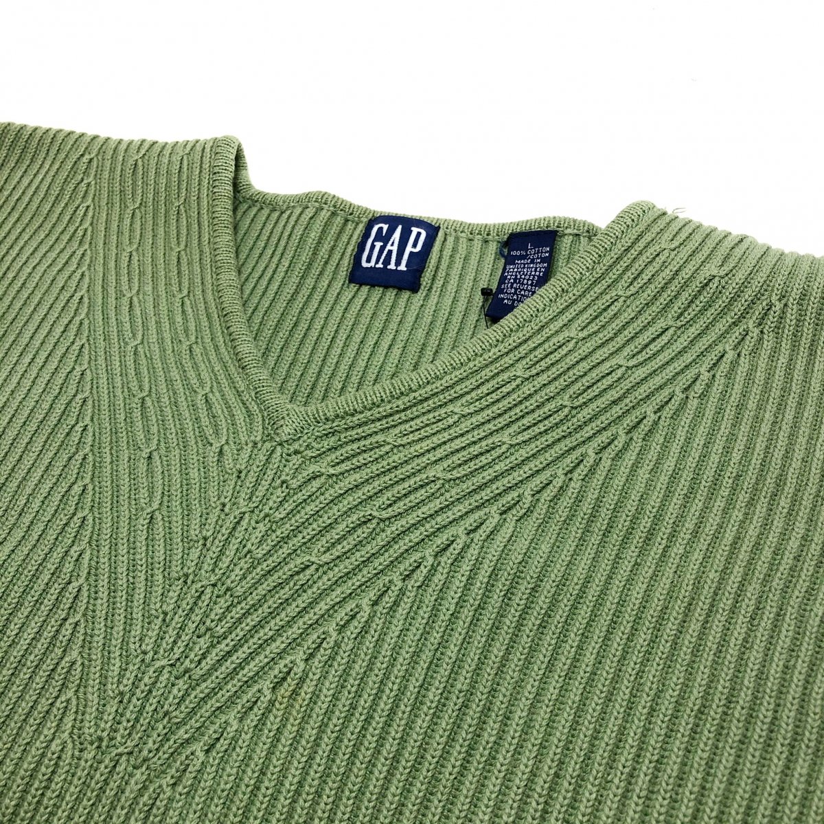 イングランド製 90s OLD GAP V-Neck Cotton Knit 薄緑 L オールド 