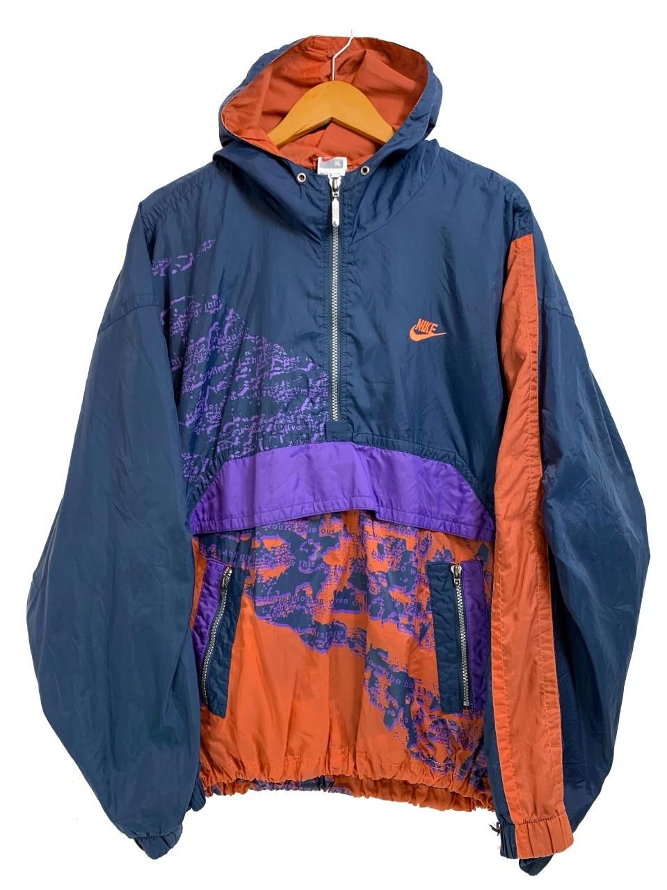 90s NIKE Logo Nylon Anorak Parka 紺紫オレンジ XL ナイキ