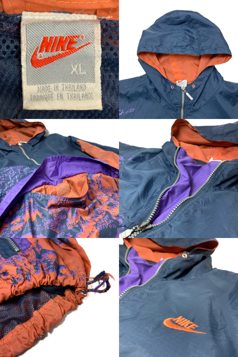 90s NIKE Logo Nylon Anorak Parka 紺紫オレンジ XL ナイキ アノラック