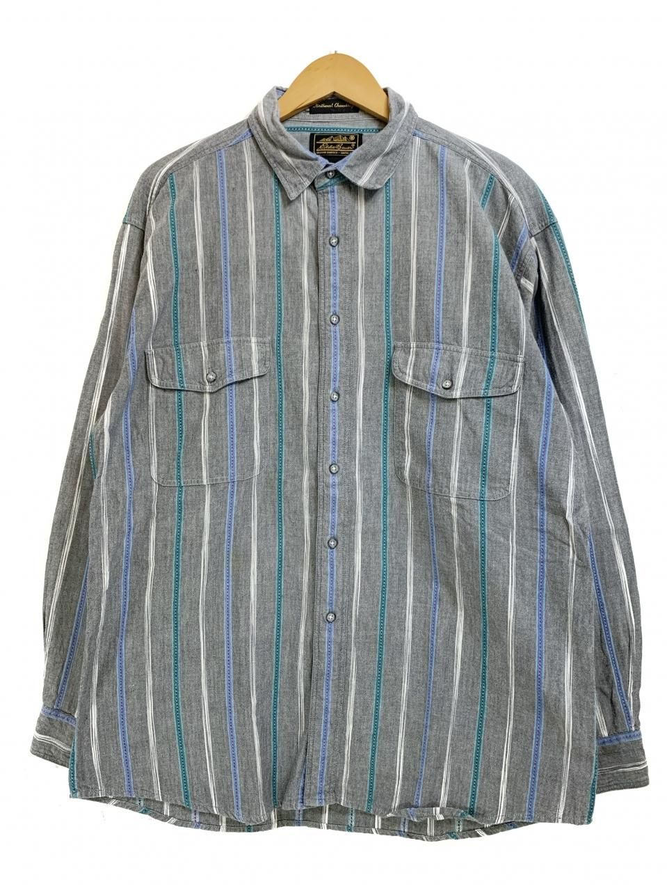 80s Eddie Bauer Chambray Stripe L/S Shirt 黒 L 黒タグ エディー ...