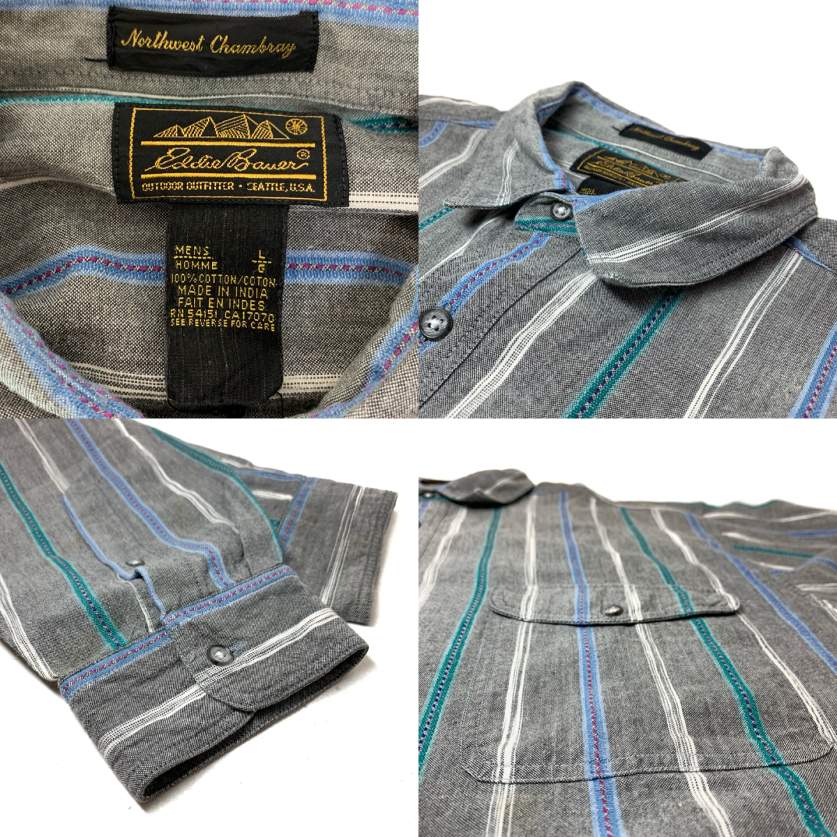 80s Eddie Bauer Chambray Stripe L/S Shirt 黒 L 黒タグ 80s Eddie Bauer Chambray Stripe L/S Shirt 黒 L 黒タグ