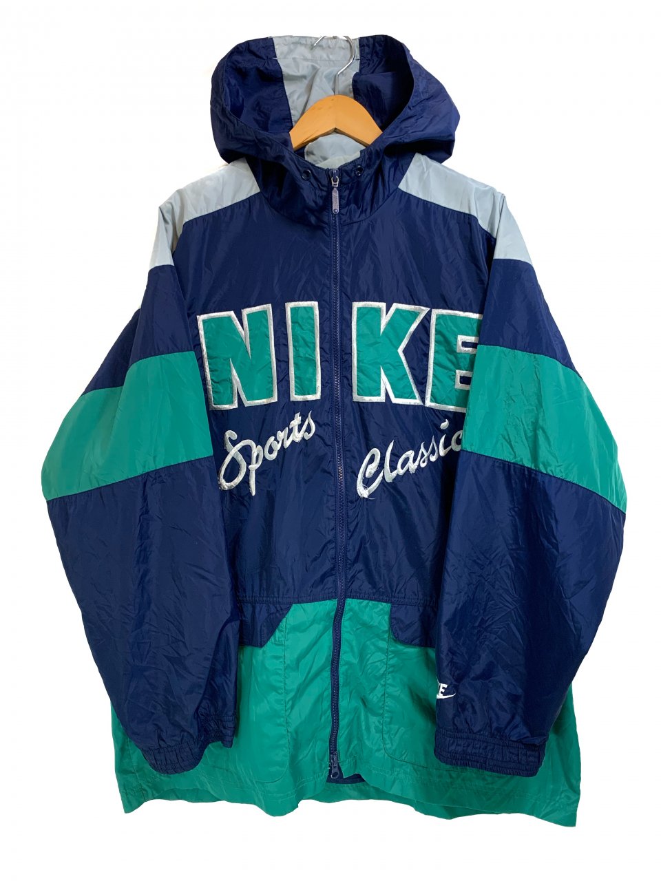 90s NIKE Logo Hooded Nylon Jacket 紺エメラルド L 銀タグ ナイキ