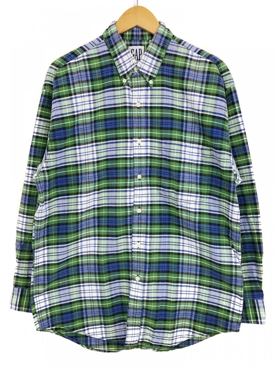 90s OLD GAP Check Cotton BD L/S Shirt 緑青白 M オールド 90s OLD GAP Check Cotton BD L/S Shirt 緑青白 M オールド