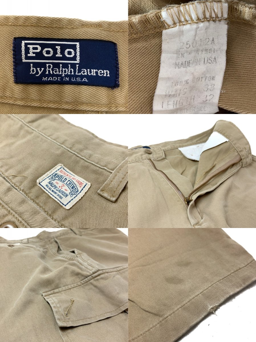 USA製 90s Polo Ralph Lauren Cotton Chino Cargo Pants カーキ 33×32 