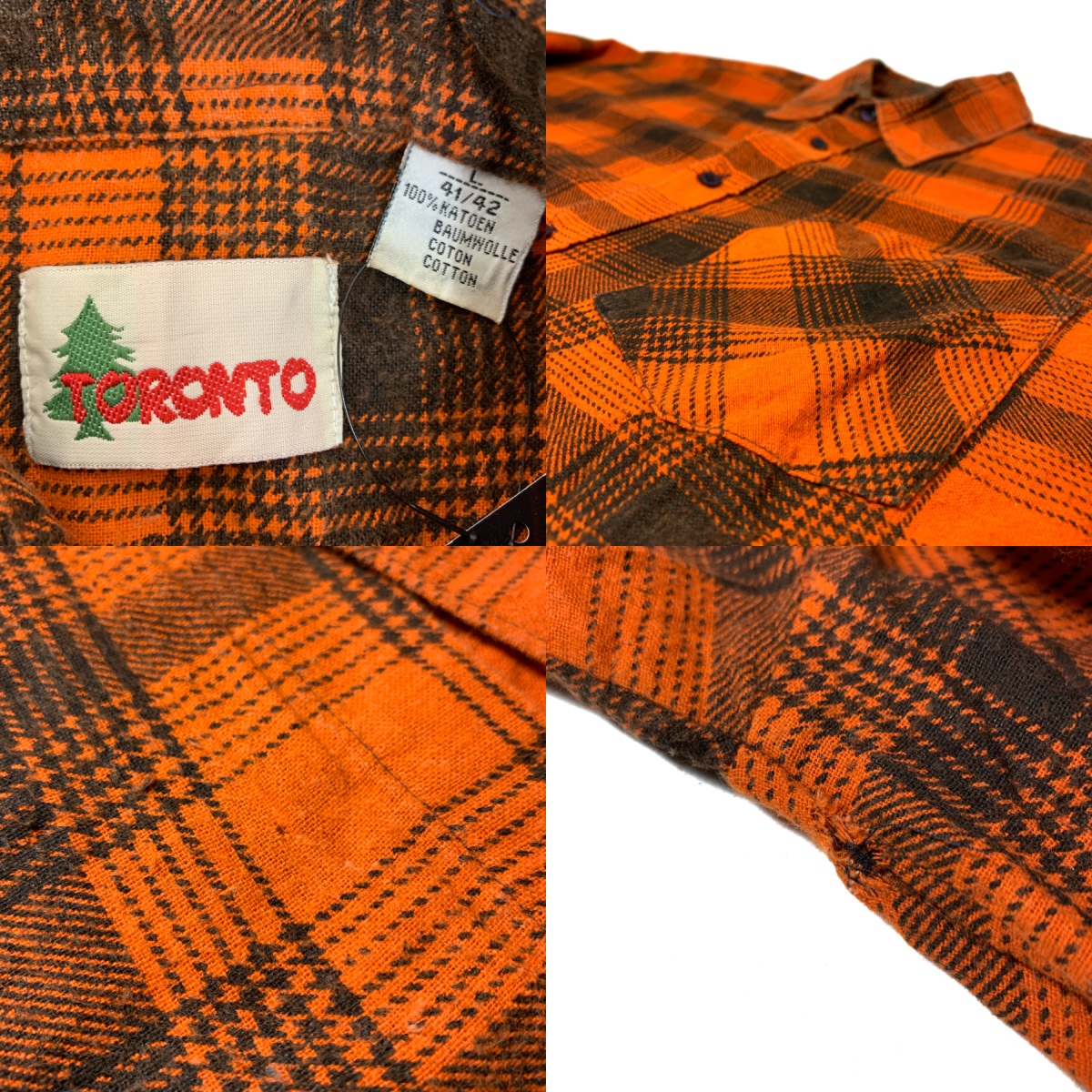 80~90s TRONTO Check Print Flannel L/S Shirt オレンジ黒 L 80~90s TRONTO Check Print Flannel L/S Shirt オレンジ黒 L