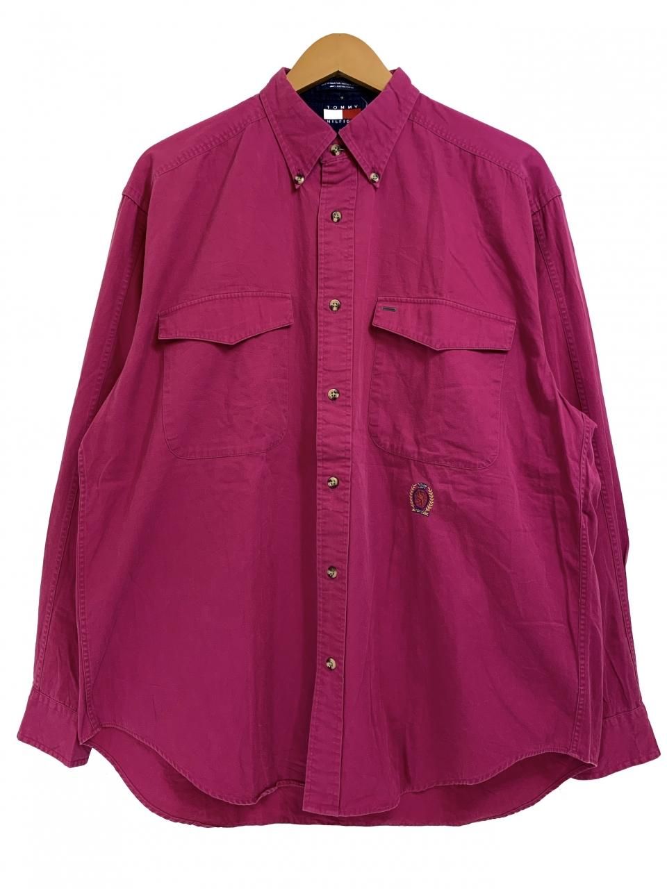 90s Tommy Hilfiger Cotton L S Shirt マゼンタピンク M トミーヒルフィガー 長袖 シャツ ボタンダウン ロゴ 刺繍 ワンポイント ショッキングピンク Newjoke Online Store