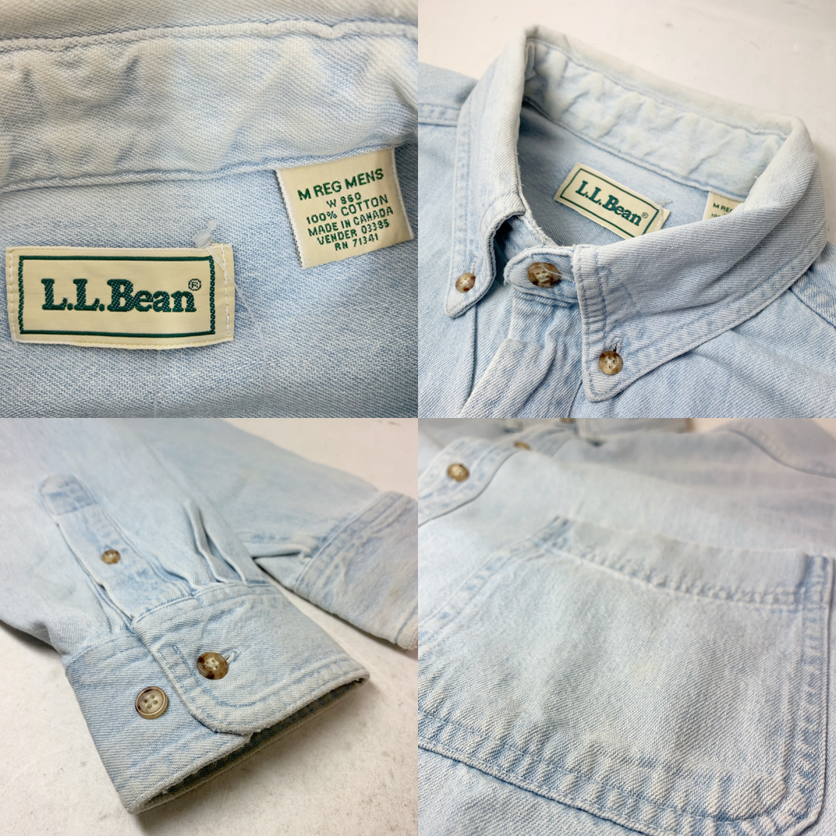 カナダ製 90s L.L.Bean Denim BD L/S Shirt 青 M エルエルビーン