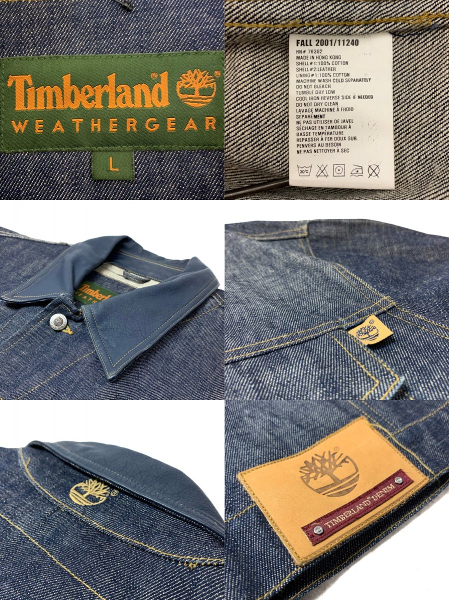 01年製 Timberland Leather Collar Denim Jacket 紺 L 00s