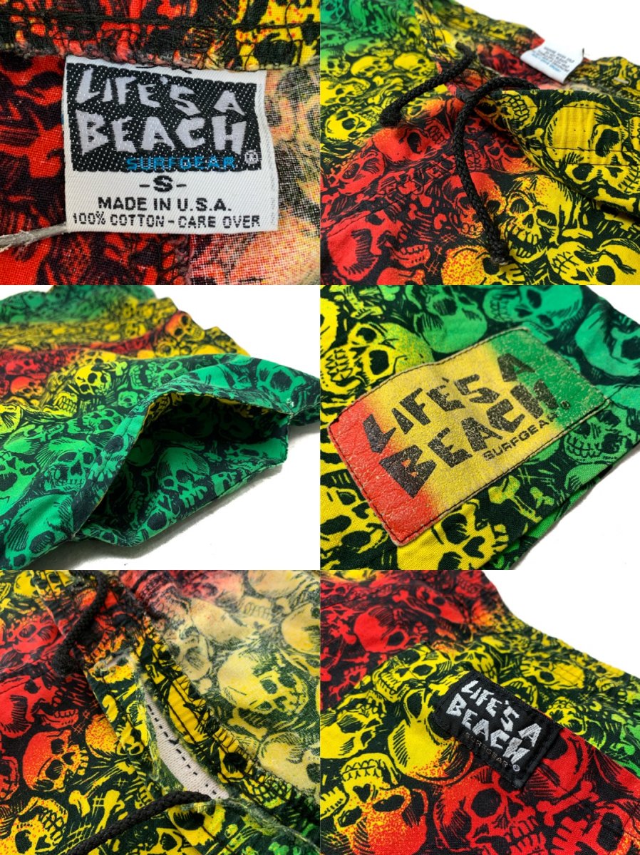 USA製 80s LIFE'S A BEACH Skull Pattern Cotton Easy Shorts ラスタ 