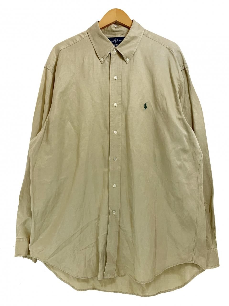 s Polo Ralph Lauren "BLAKE" Silk Linen BD L/S Shirt カーキ L ポロラルフローレン 長袖  シャツ シルク リネン ベージュ ワンポイント   NEWJOKE ONLINE STORE