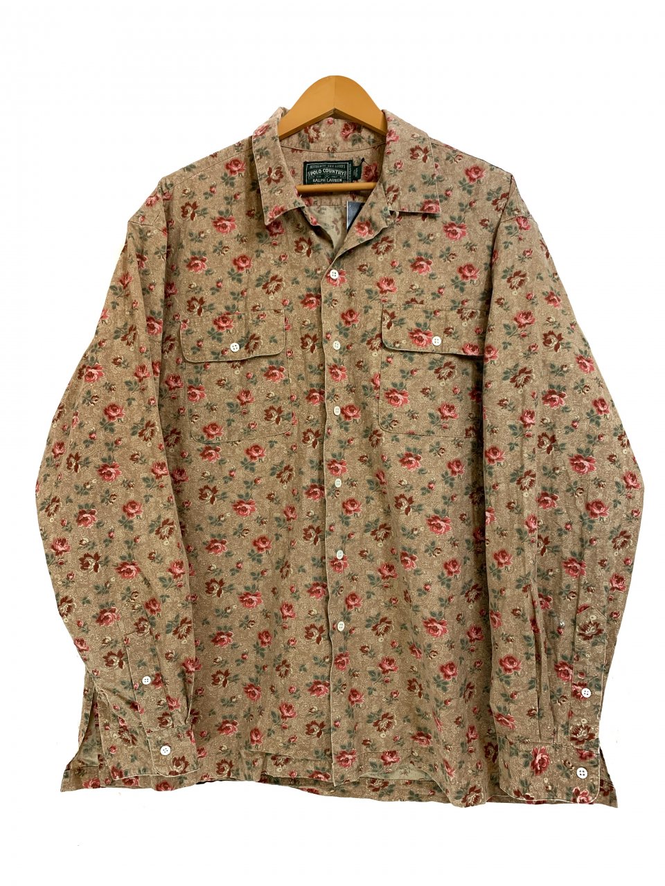 90s POLO COUNTRY Flower Pattern Open Collar L/S Shirt ベージュ XL 