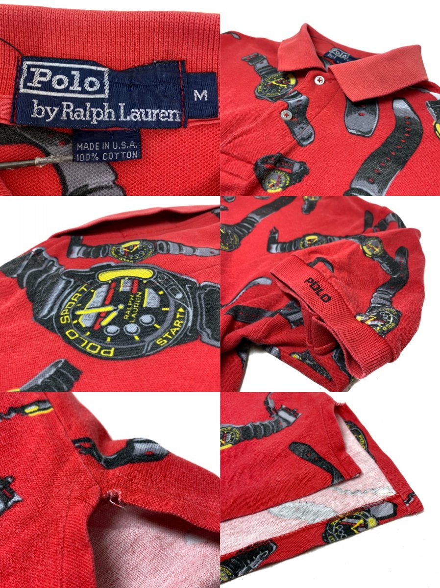 USA製 90s Polo Ralph Lauren Watch Pattern S/S Polo Shirt 赤 M ポロ 