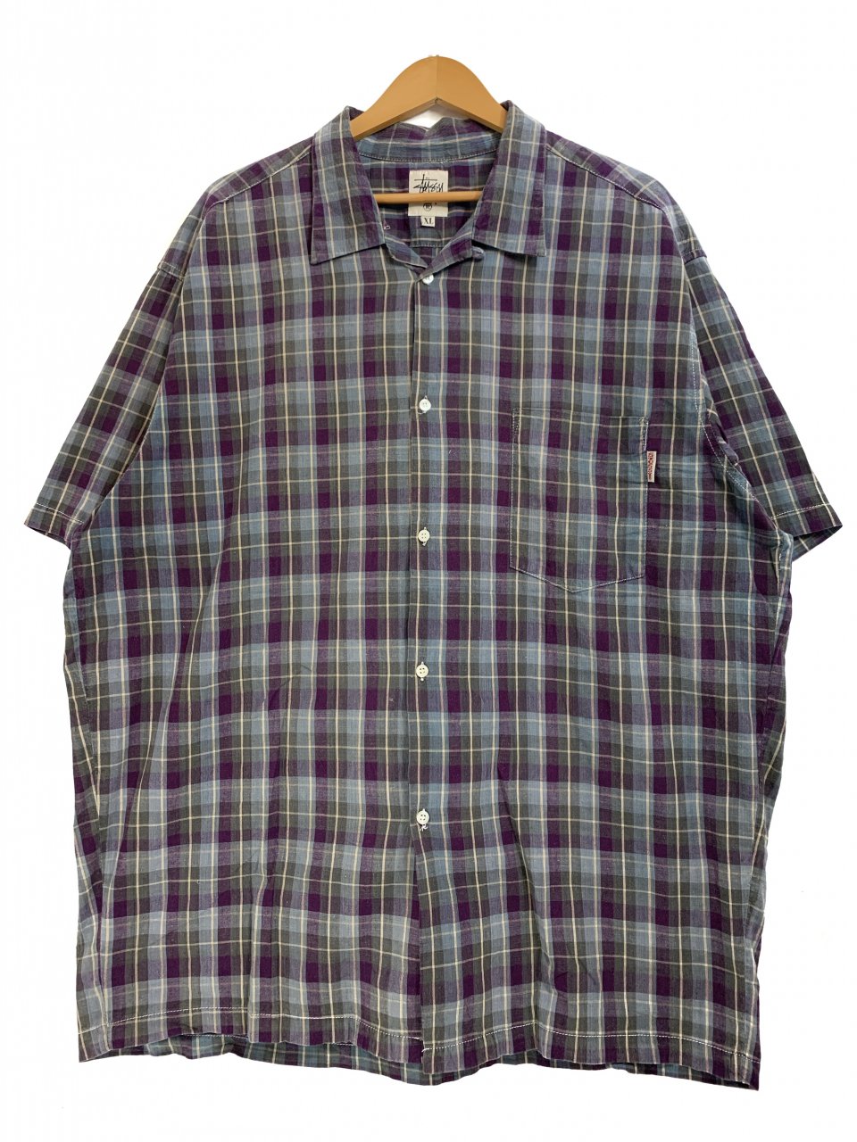 USA製 90s OLD STUSSY Check Cotton Open Collar S/S Shirt 紫 XL 白 