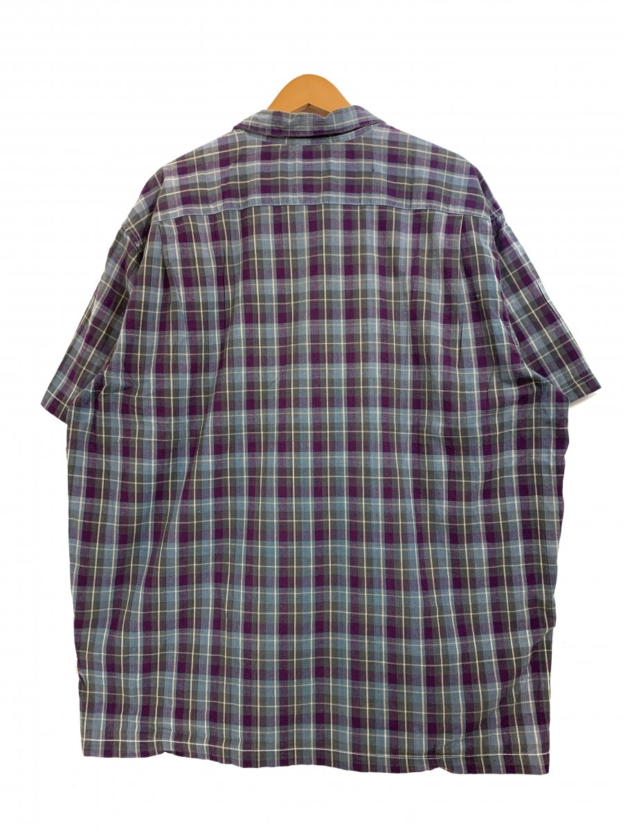 USA製 90s OLD STUSSY Check Cotton Open Collar S/S Shirt 紫 XL 白 