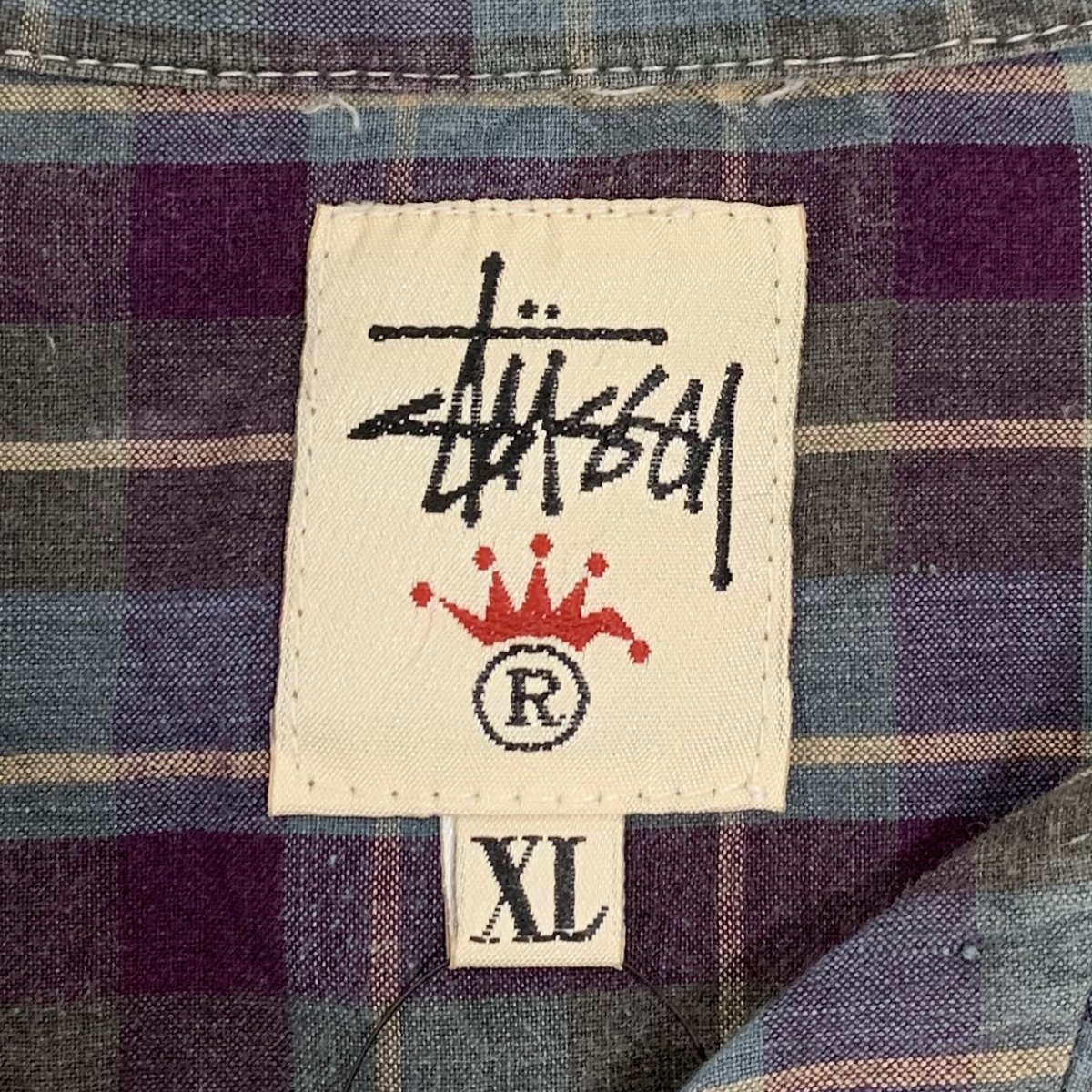 USA製 90s OLD STUSSY Check Cotton Open Collar S/S Shirt 紫 XL 白 ...