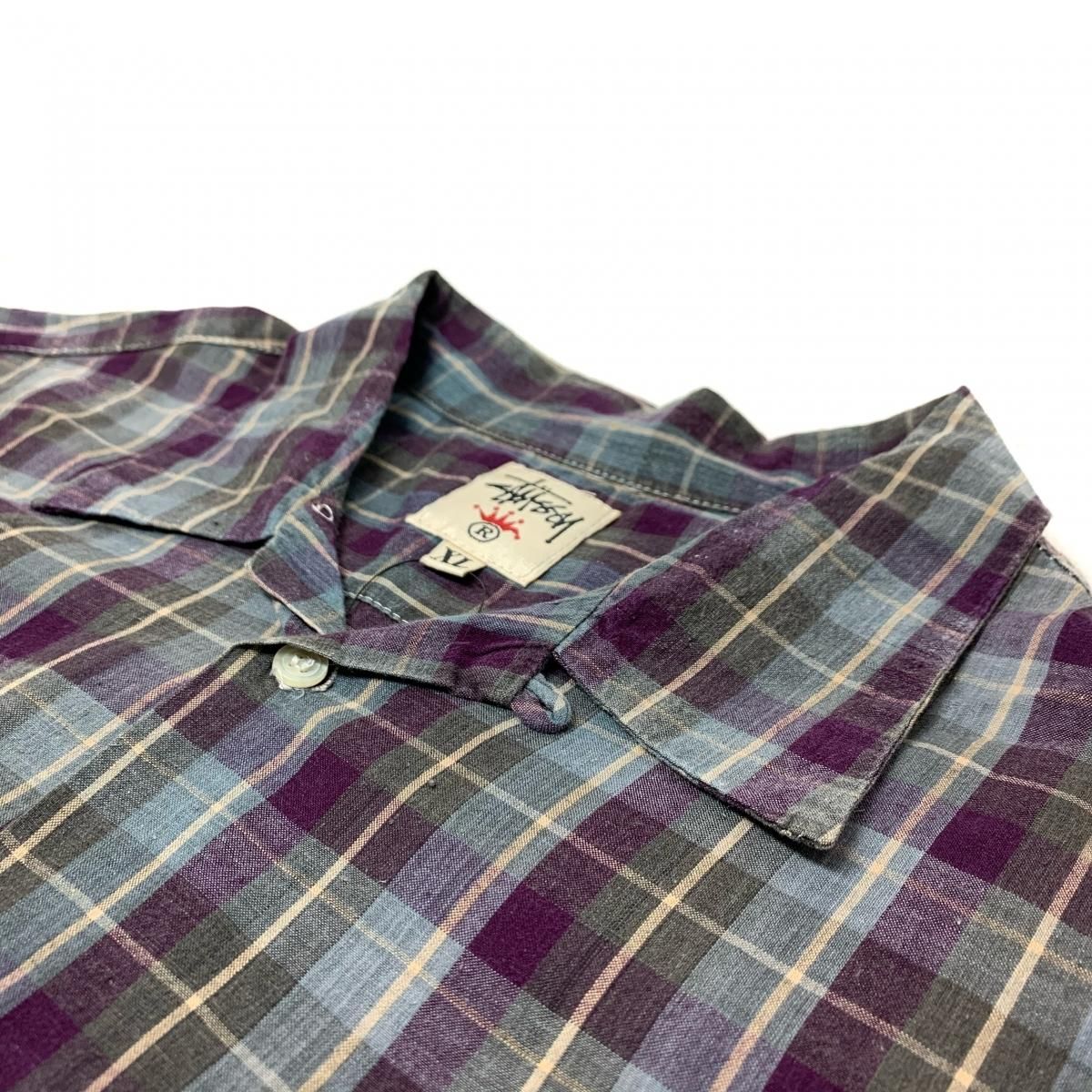 USA製 90s OLD STUSSY Check Cotton Open Collar S/S Shirt 紫 XL 白 ...