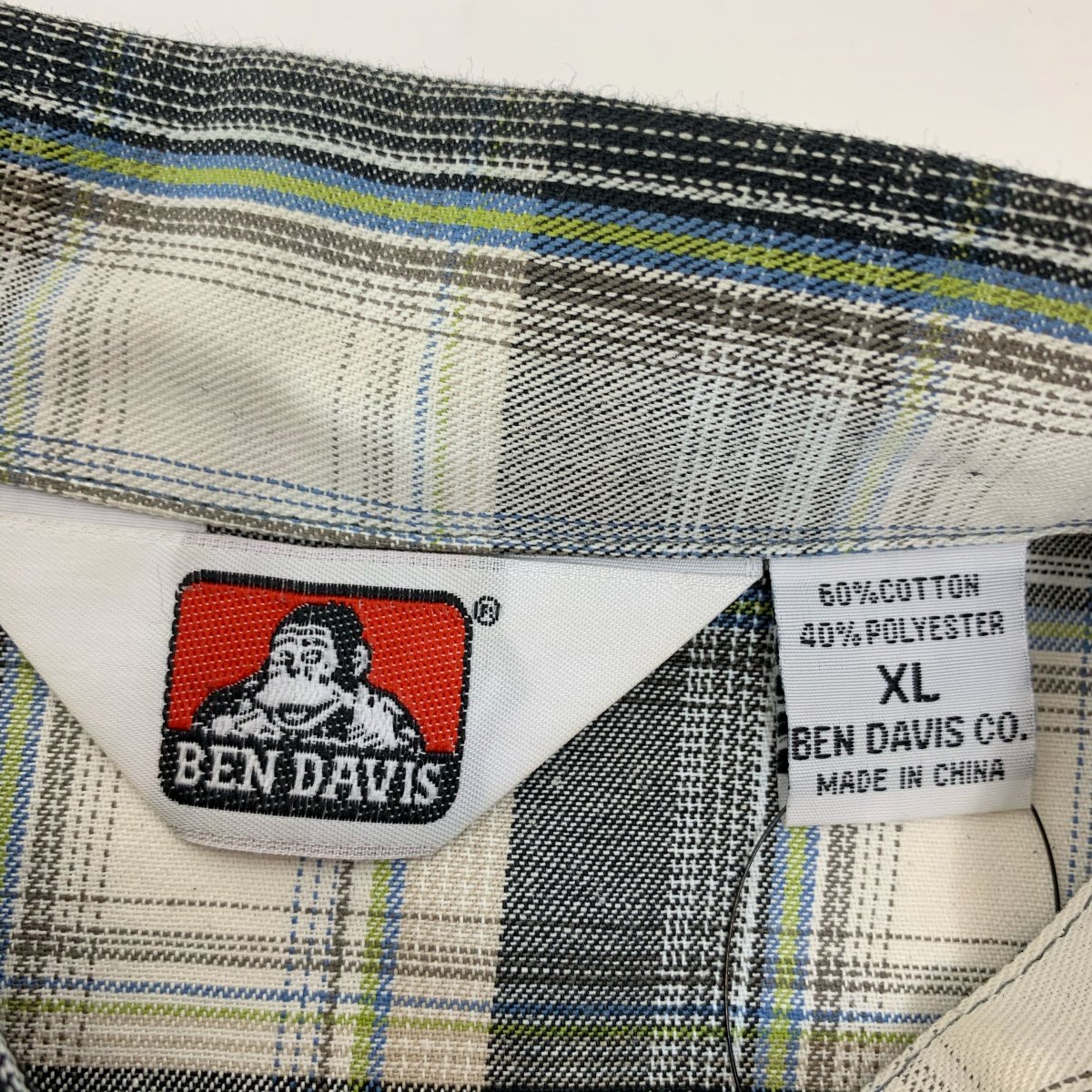BEN DAVIS Check Half-Zip S/S Work Shirt 白黒緑青 XL ベンデイビス 