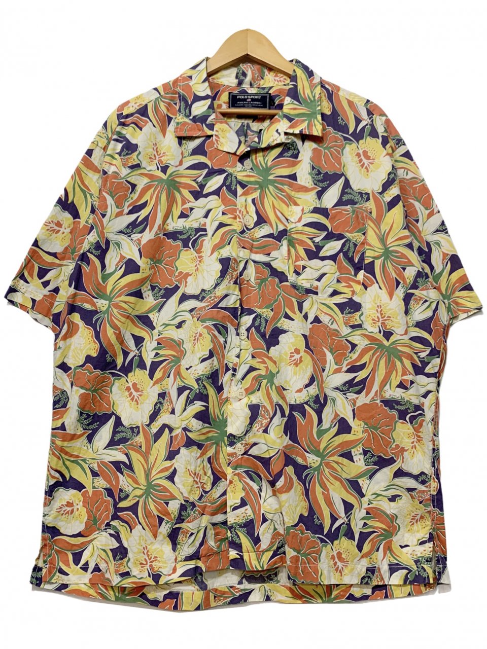 90s～00s POLO SPORT Cotton Aloha Shirt 紺黄 XL ポロスポーツ アロハ