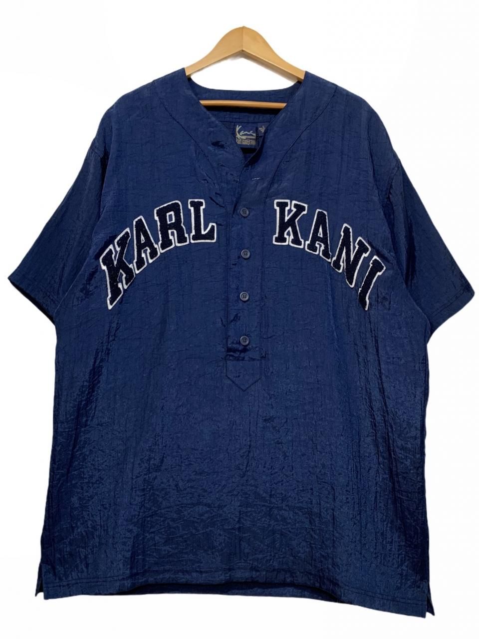 90s KARL KANI Nylon Pullover Baseball Shirt 紺 L カールカナイ ベースボールシャツ ユニフォーム  プルオーバー ナイロン ロゴ ネイビー - NEWJOKE ONLINE STORE