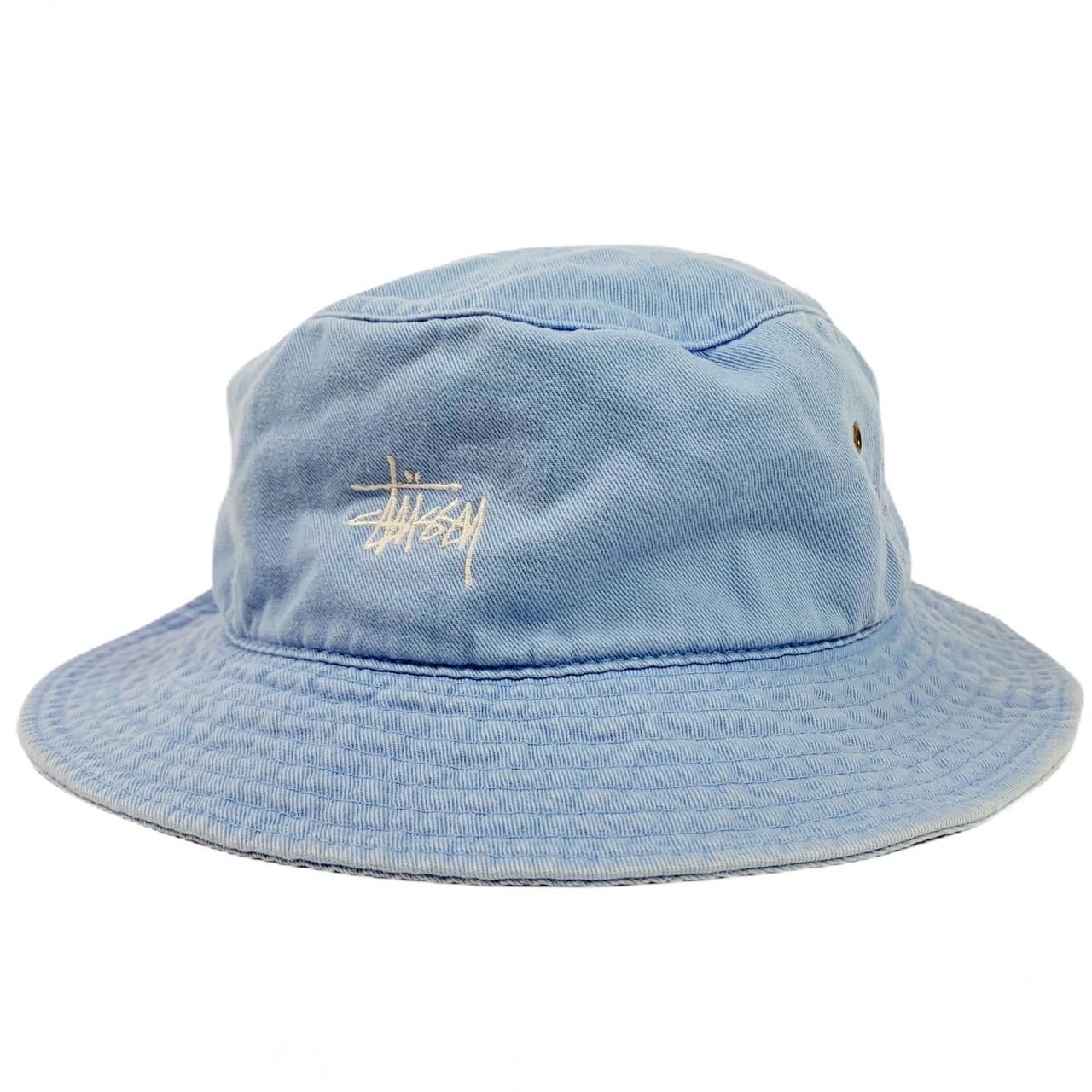 90s OLD STUSSY Stock Logo Cotton Bucket Hat 水色 L/XL 紺タグ