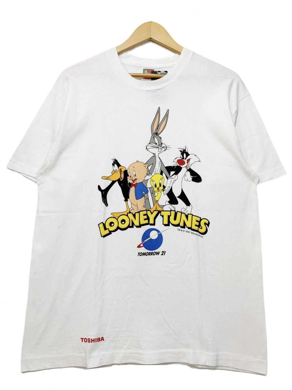 USA製 97年 LOONEY TUNES Print S/S Tee 白 L 90s ルーニーテューンズ Tシャツ アニメ キャラクター  TOMORROW 21 TOSHIBA 企業物 企業T 古着 - NEWJOKE ONLINE STORE