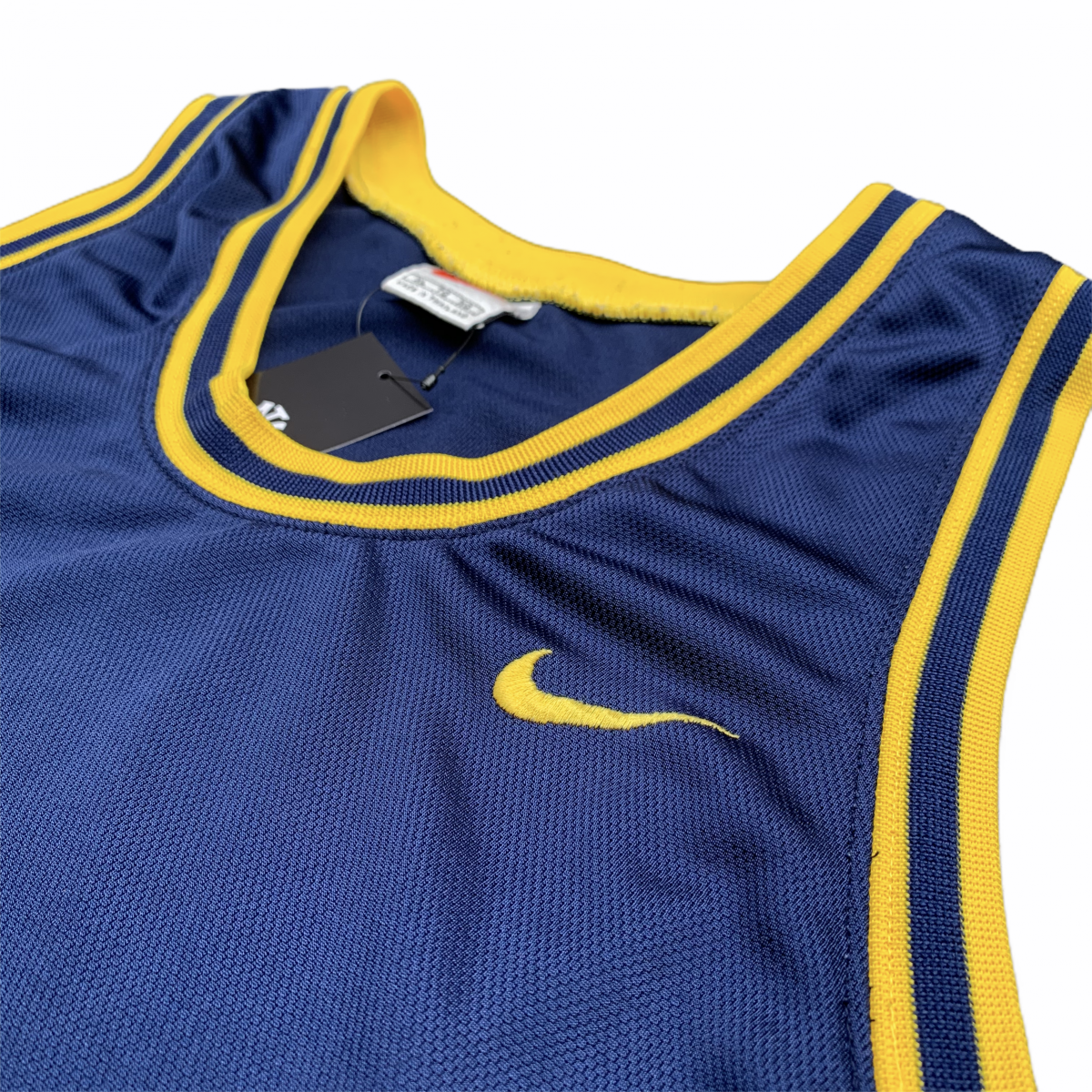 97年製 NIKE Logo Basketball Jersey 紺黄 XL 銀タグ 90s ナイキ バスケットボール ユニフォーム タンクトップ  スウッシュ ワンポイント ネイビー イエロー 古着 - NEWJOKE ONLINE STORE