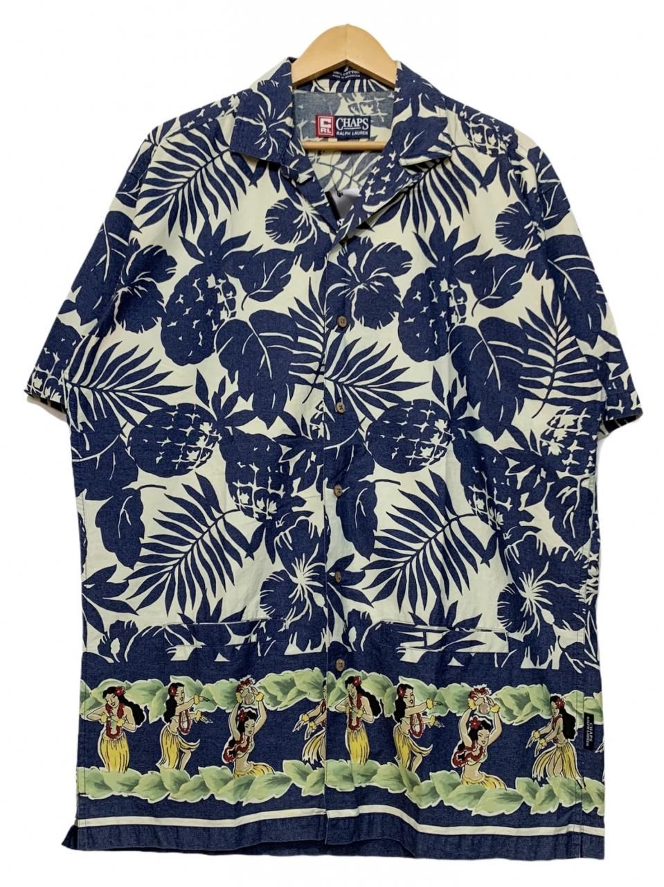 90s CHAPS Cotton Aloha Shirt 紺 M チャップス アロハシャツ 開襟