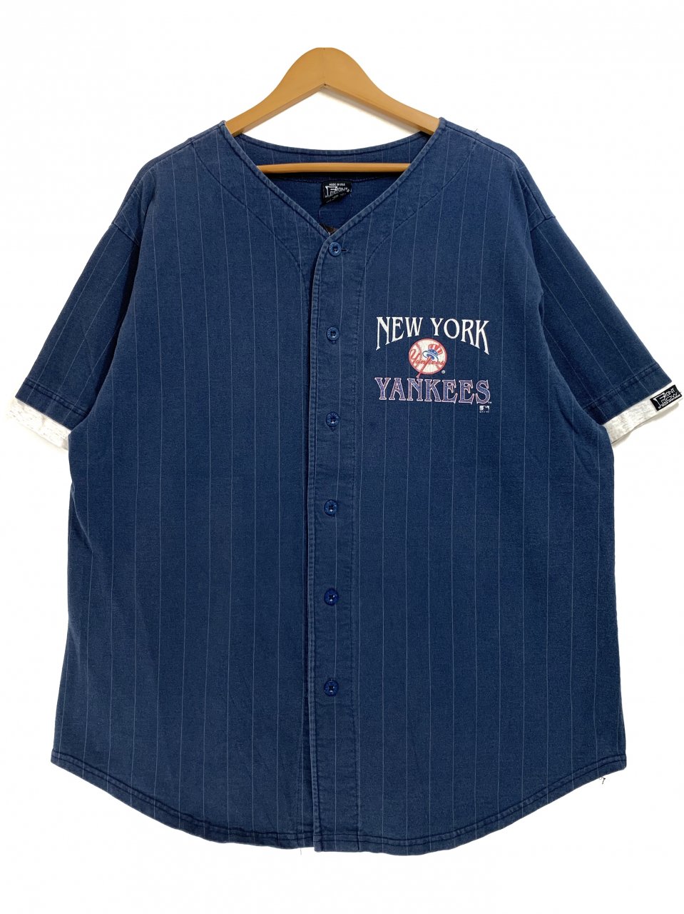 USA製 90s NEWYORK YANKEES Cotton Baseball Shirt 紺 XL MLB