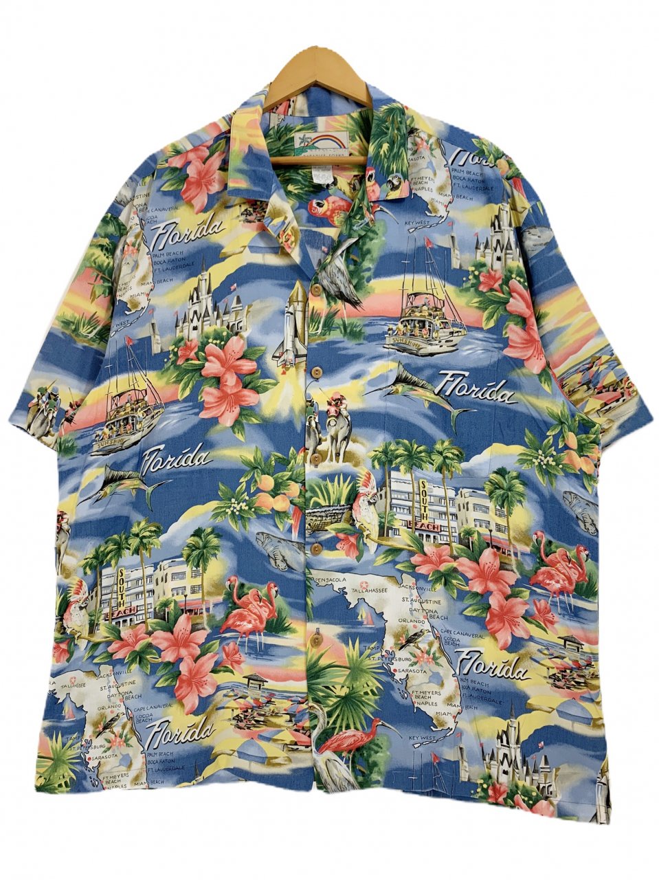 ハワイ製 PARADISE FOUND Rayon Aloha Shirt 青ピンク XL パラダイスファウンド アロハシャツ ハワイアンシャツ  レーヨン フロリダ フラミンゴ 総柄 古着 - NEWJOKE ONLINE STORE
