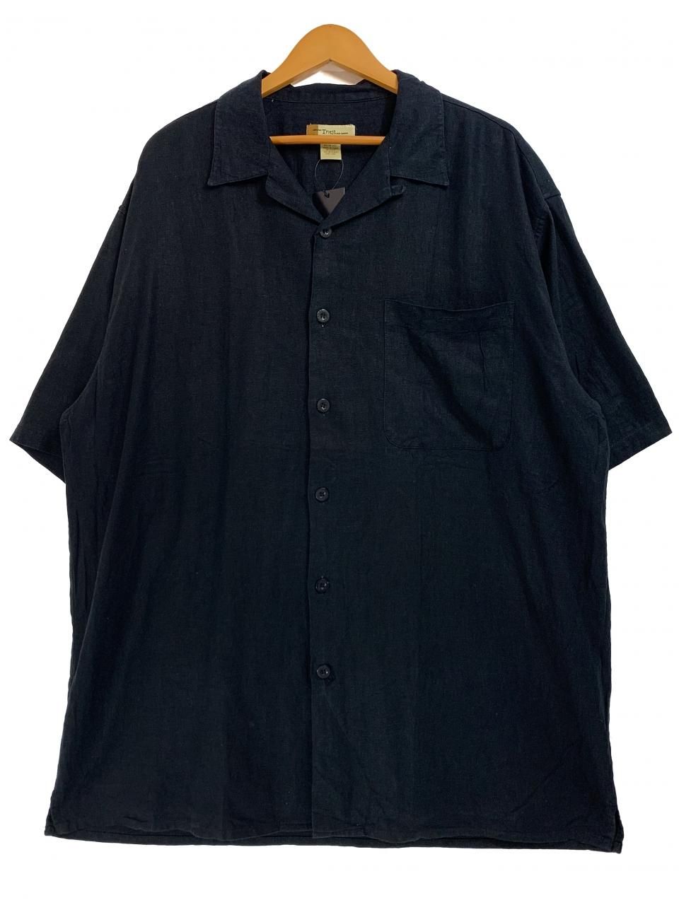 Black Linen-Rayon Open Collar S/S Shirt 黒 XXL 開襟シャツ Black Linen-Rayon Open Collar S/S Shirt 黒 XXL 開襟シャツ