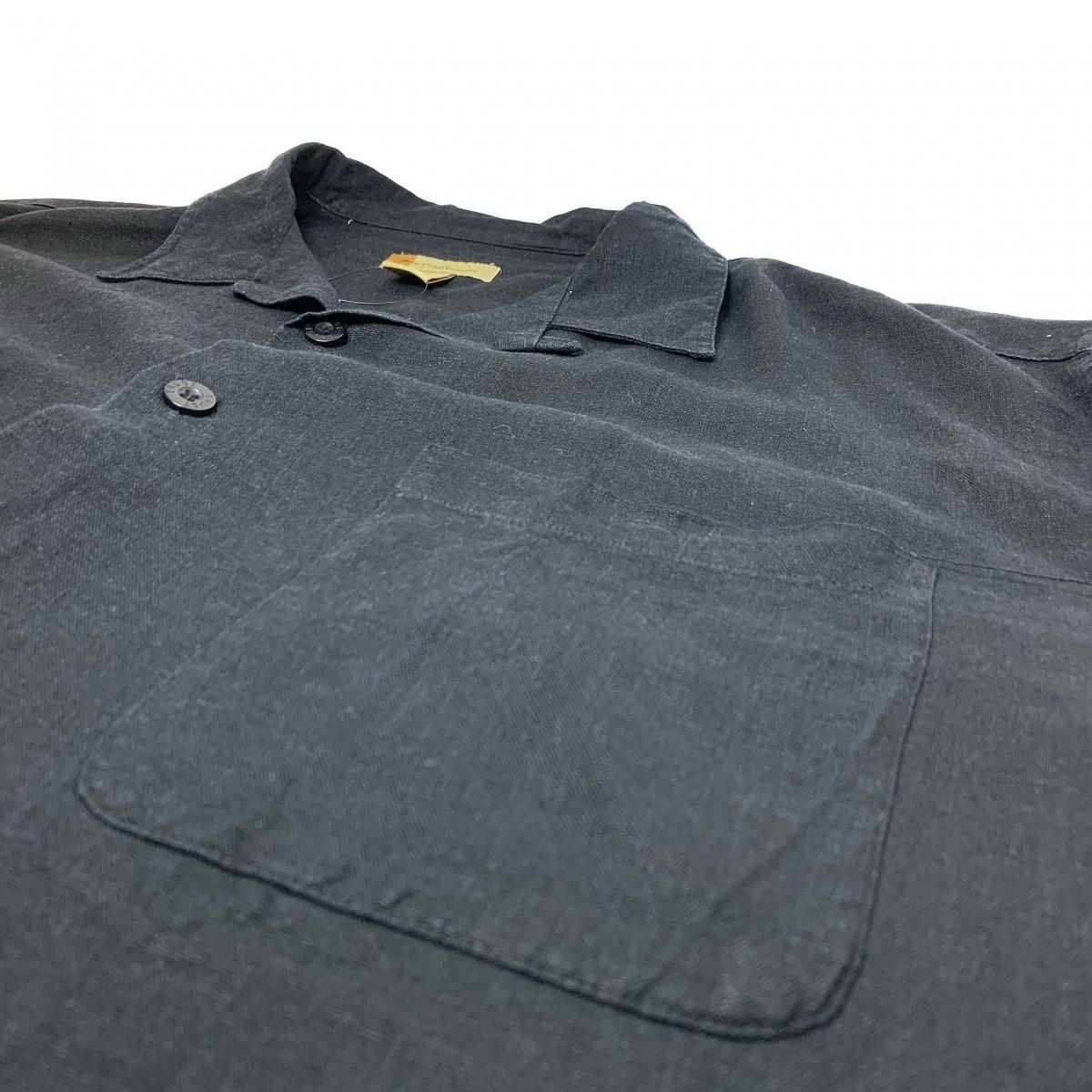 Black Linen-Rayon Open Collar S/S Shirt 黒 XXL 開襟シャツ