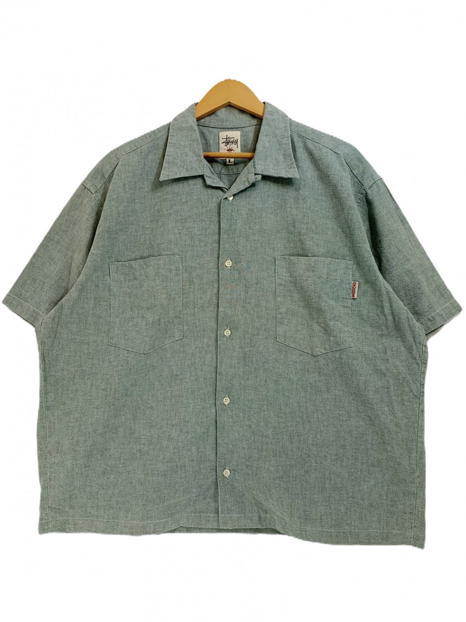 USA製 90s OLD STUSSY Cotton Open Collar S/S Shirt 緑 L 白タグ 