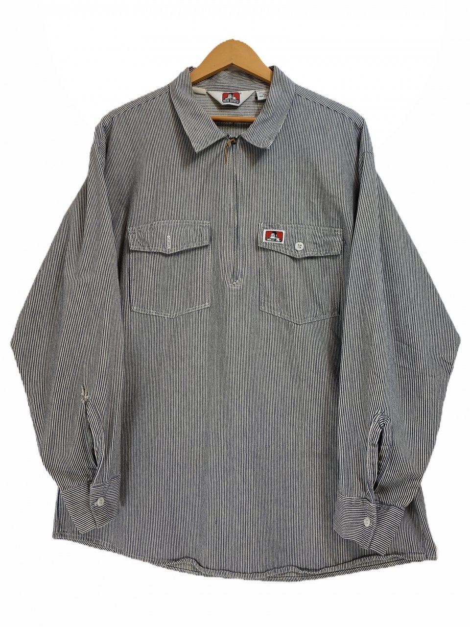 USA製 90s BEN DAVIS Half-Zip L/S Work Shirt 紺白 L ベンデイビス ...