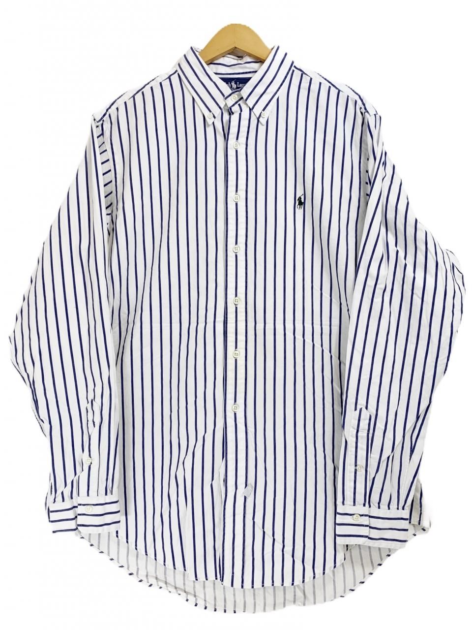 90s Polo Ralph Lauren Cotton Stripe BD L/S Shirt 白紺 XL ポロ 