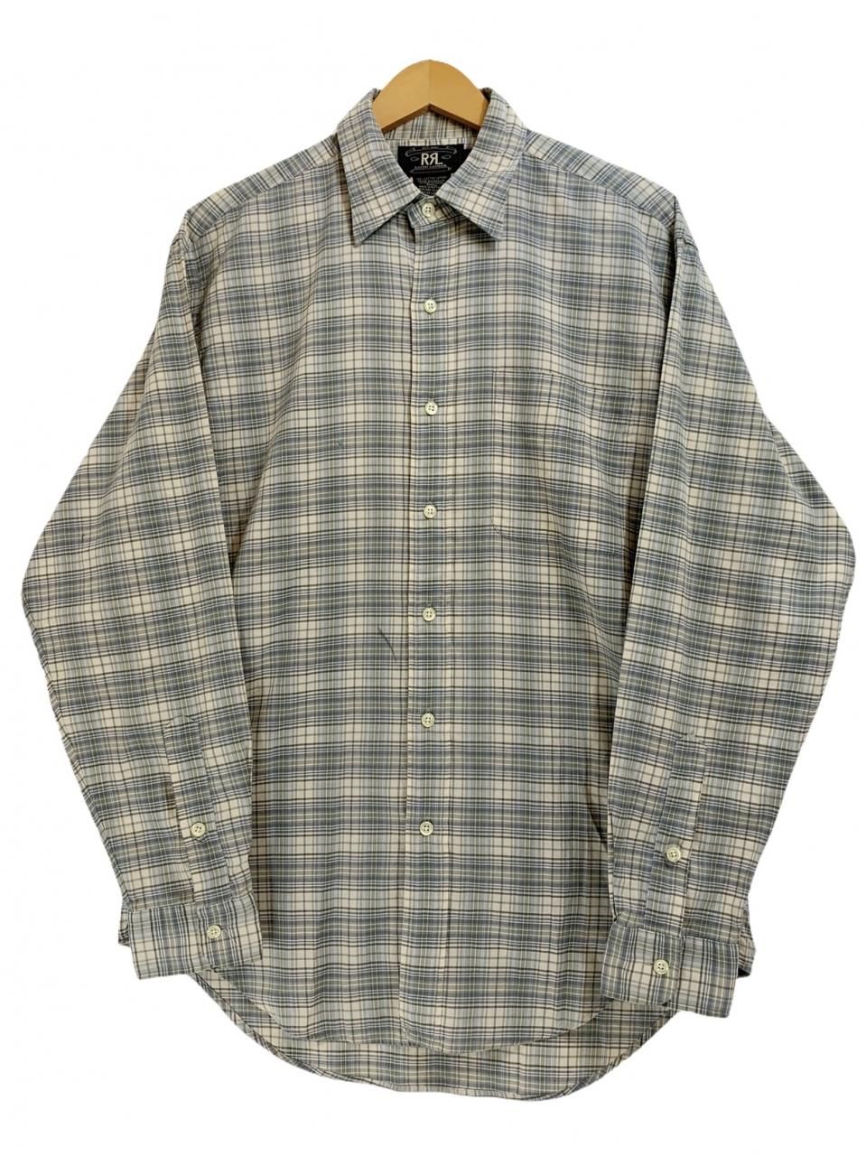 90s RRL Cotton Check L/S Shirt 灰青 M ダブルアールエル 長袖 シャツ