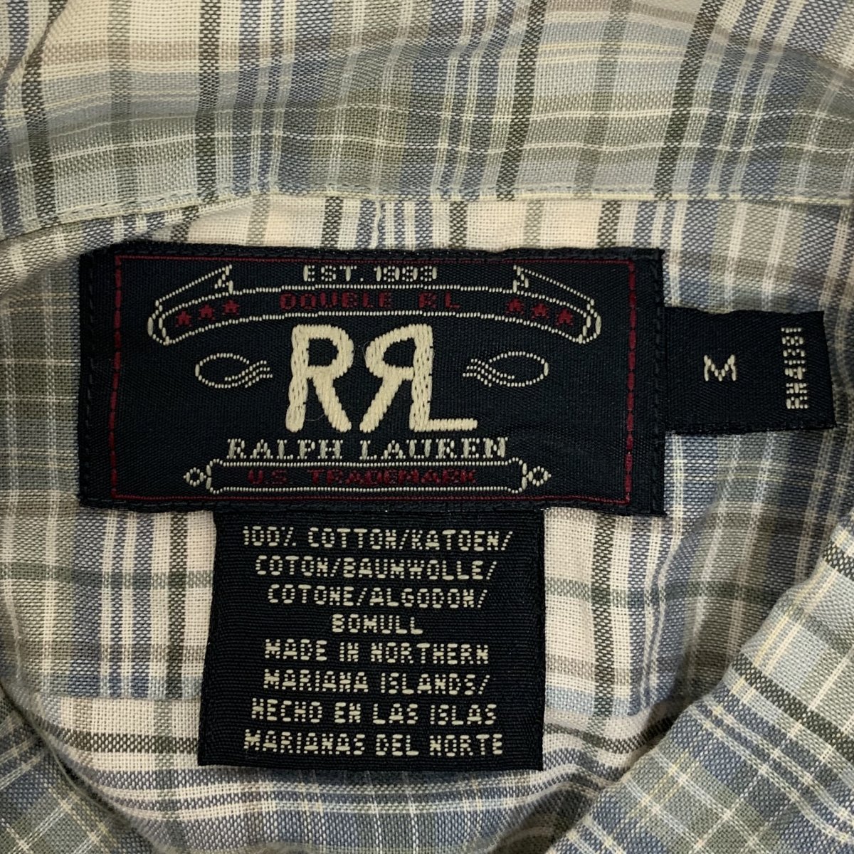 90s RRL Cotton Check L/S Shirt 灰青 M ダブルアールエル 長袖 シャツ