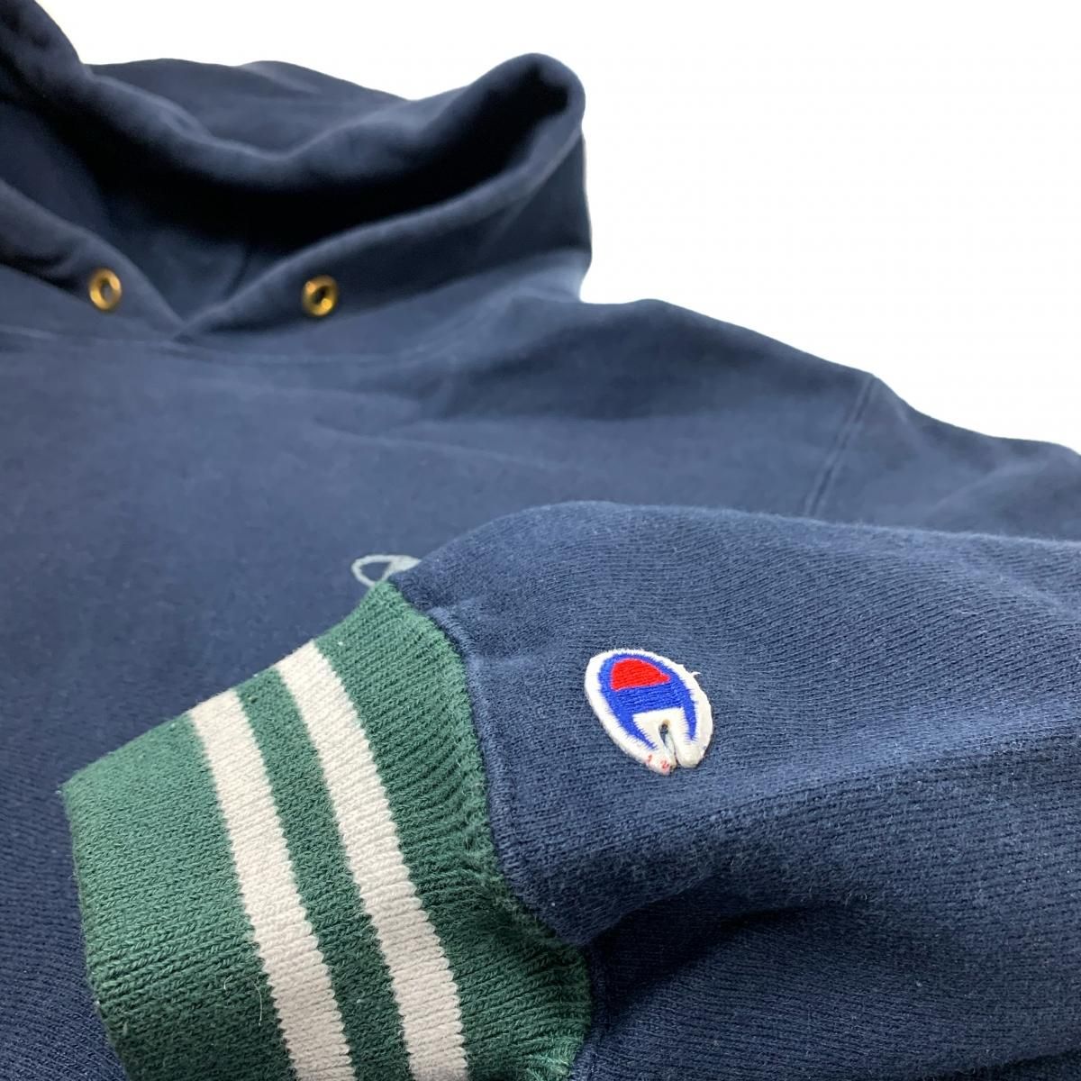 USA製 90s Champion R/W Line Rib Sweat Hoodie 紺 L 刺繍タグ USA製 90s Champion R/W Line Rib Sweat Hoodie 紺 L 刺繍タグ