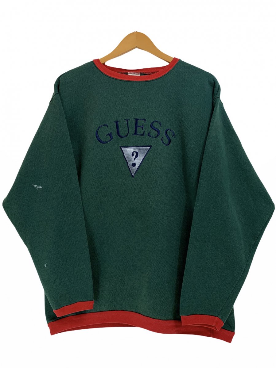 USA製 90s GUESS Logo Sweatshirt 緑赤 L ゲス スウェット ロゴ 刺繍 