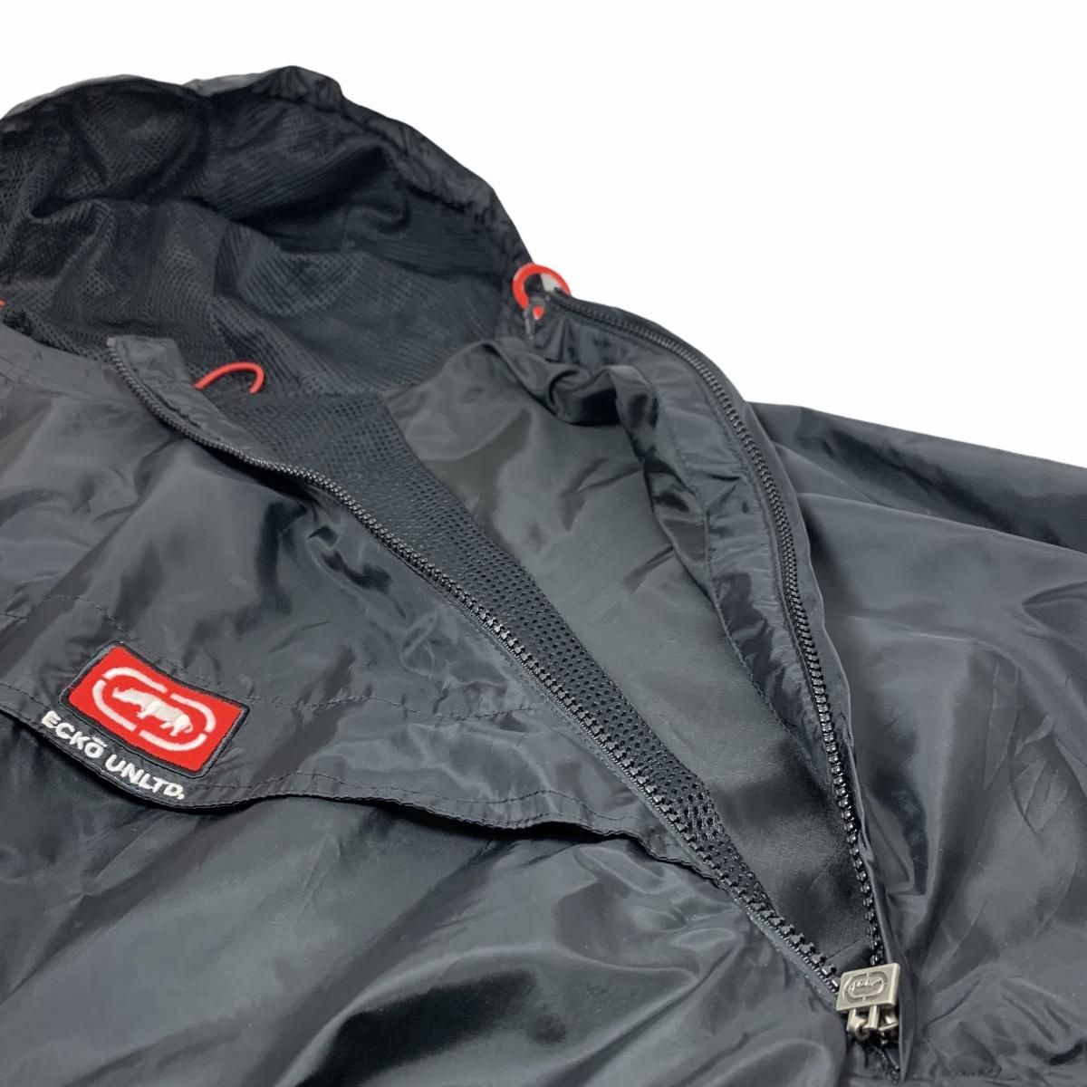 00s ECKO UNLTD Nylon Anorak Parka 黒 XL エコー アノラックパーカー ナイロンジャケット 斜めジップ ブラック  古着 - NEWJOKE ONLINE STORE