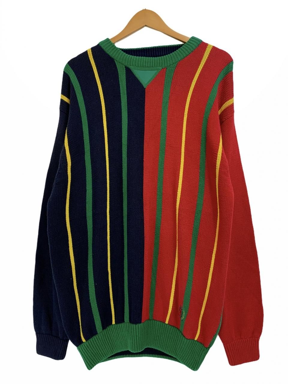 90s TOMMY HILFIGER Stripe Cotton Knit 紺赤緑 M トミーヒルフィガー コットンニット ストライプ クレスト ロゴ  刺繍 マルチカラー 古着 - NEWJOKE ONLINE STORE