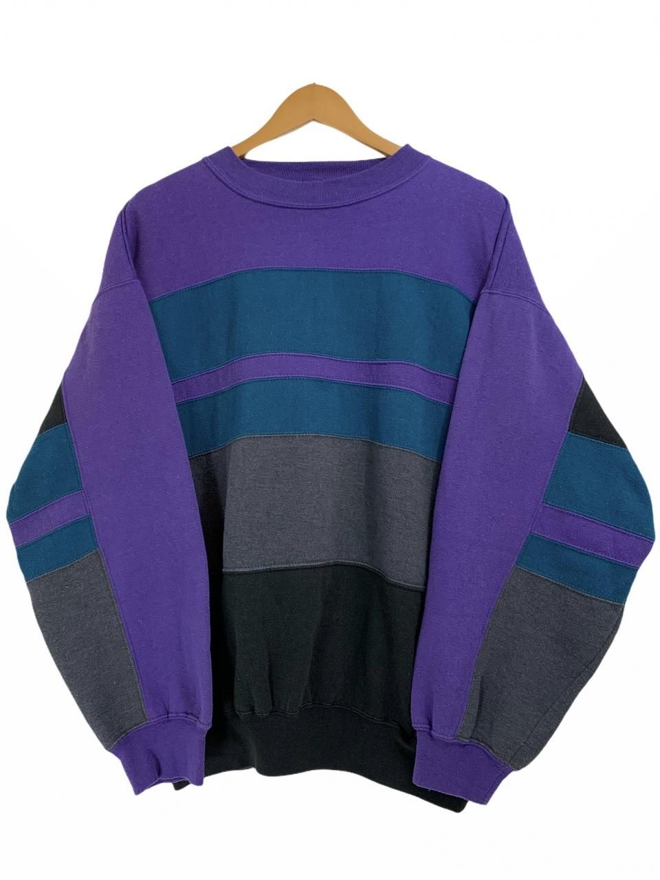 90s WILLOW BAY Multi Border Sweatshirt 紫灰緑黒 XL スウェットシャツ マルチボーダー 切り替え ポケット付き  古着 - NEWJOKE ONLINE STORE