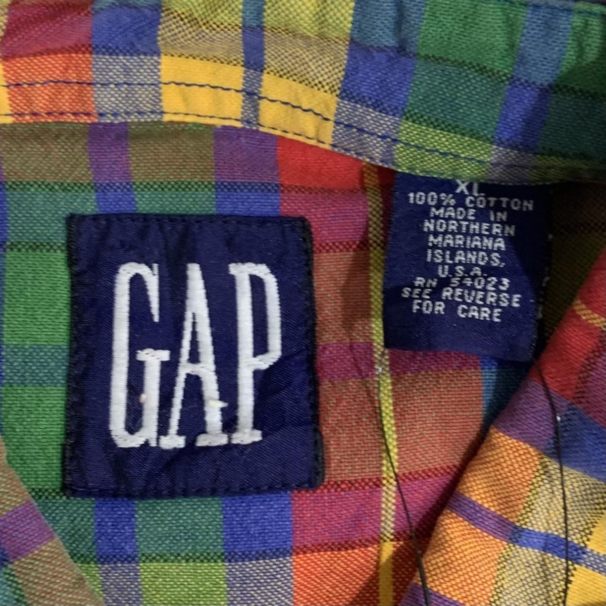 90s OLD GAP Cotton Check BD L/S Shirt 赤緑黄 XL オールド