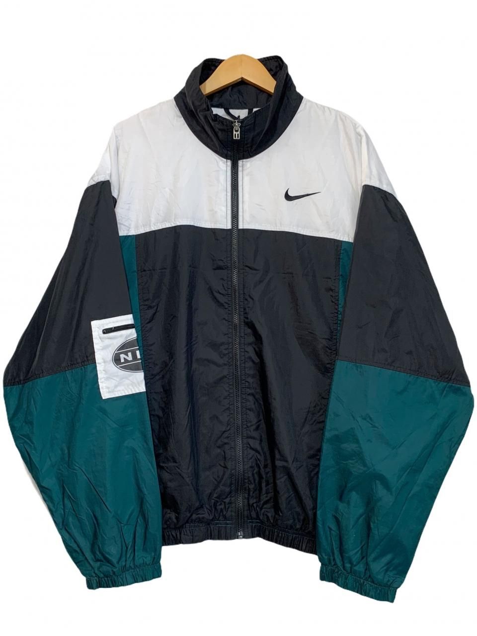 96年製 NIKE Logo Nylon Jacket 黒緑白 XL 銀タグ 90s ナイキ