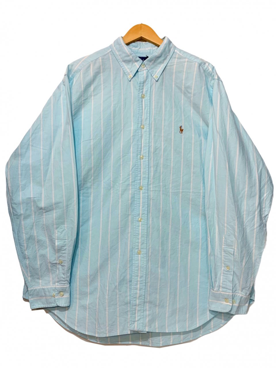 90s Polo Ralph Lauren Stripe BD L/S Shirt 水色 XL ポロラルフ 